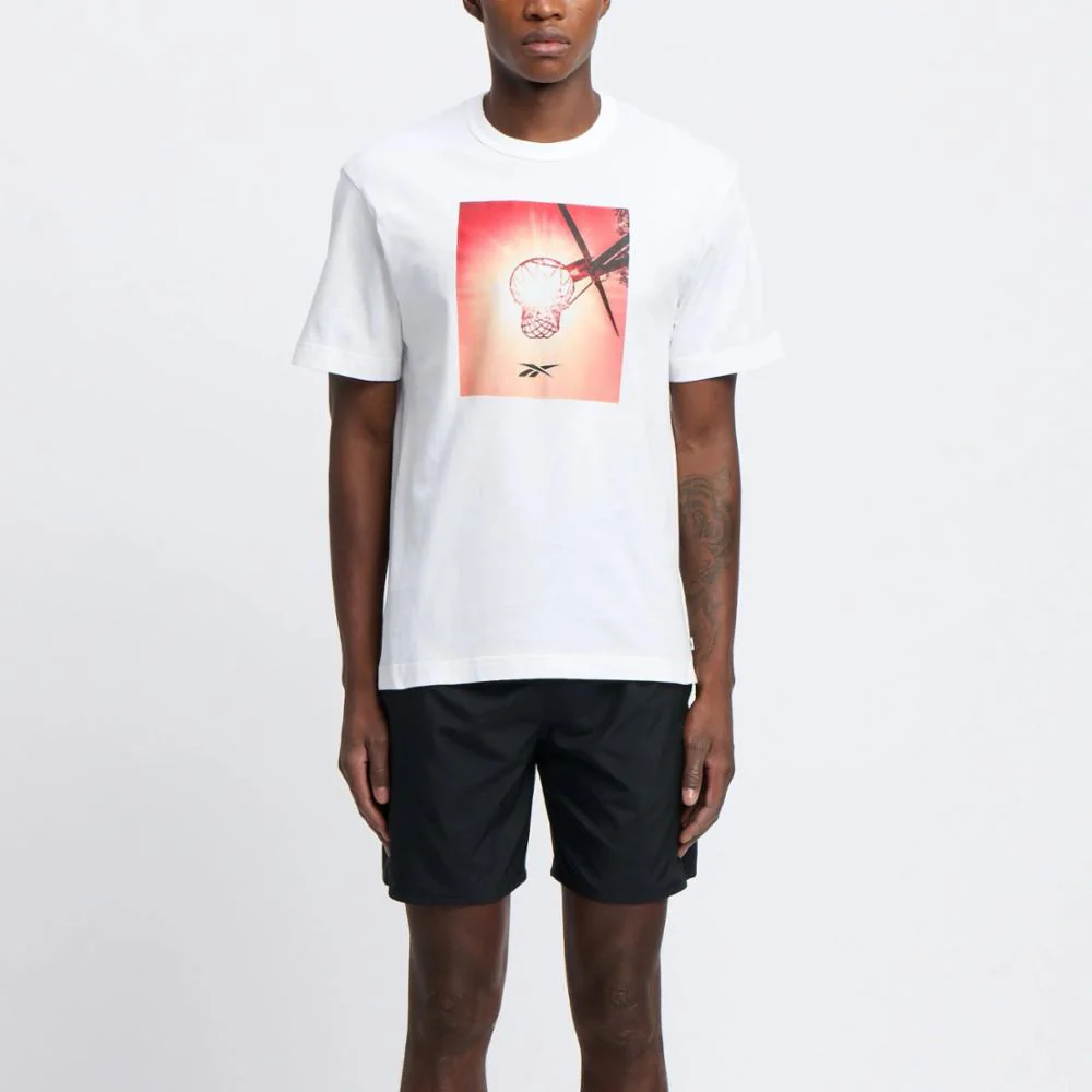 Reebok Apparel Men Graphic Series Basketball Sun Stare T-Shirt WHITE