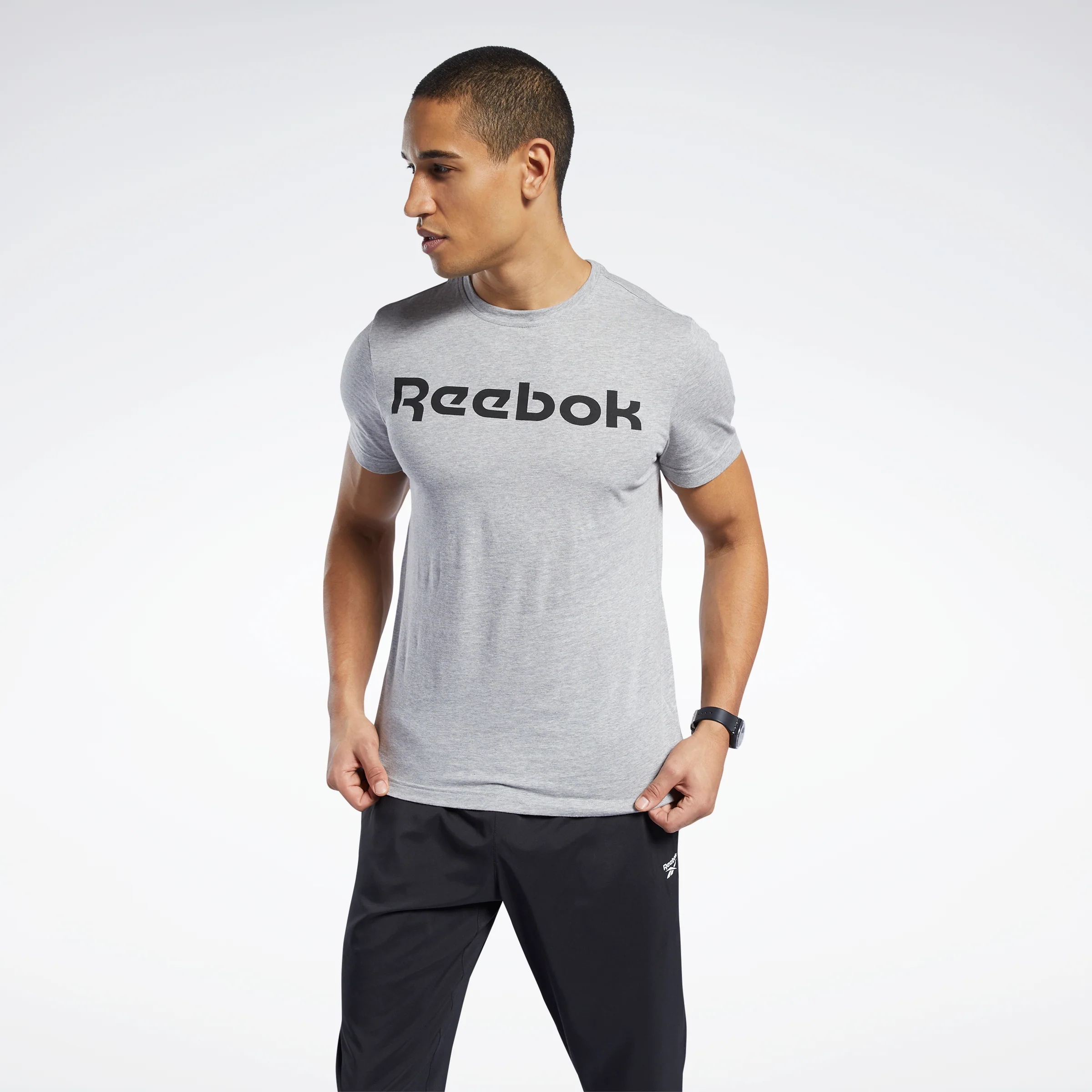 Reebok Apparel Men Graphic Series Linear Logo Tee Mgreyh