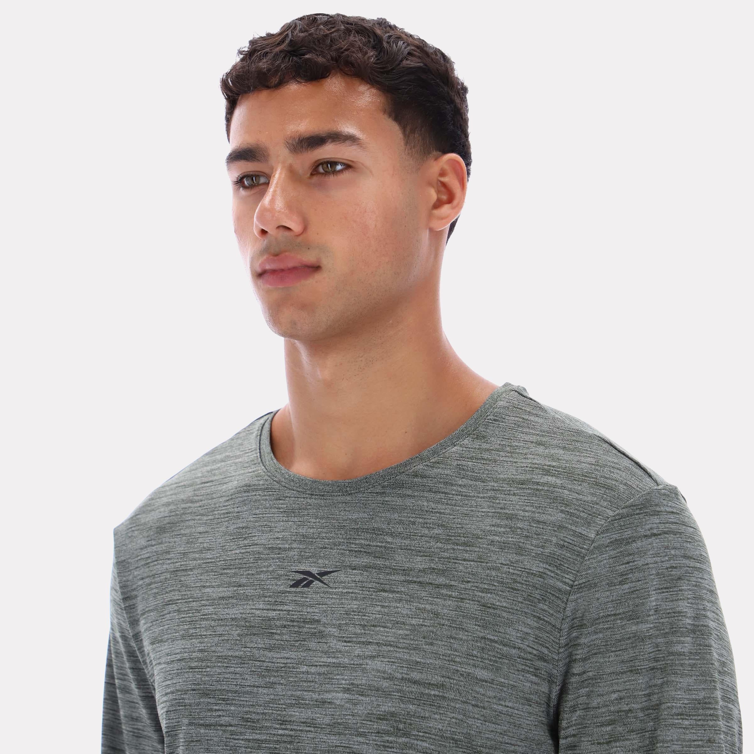 Reebok Apparel Men Relaxed Long Sleeve Yoga T-Shirt GREEN MARL - Image 3