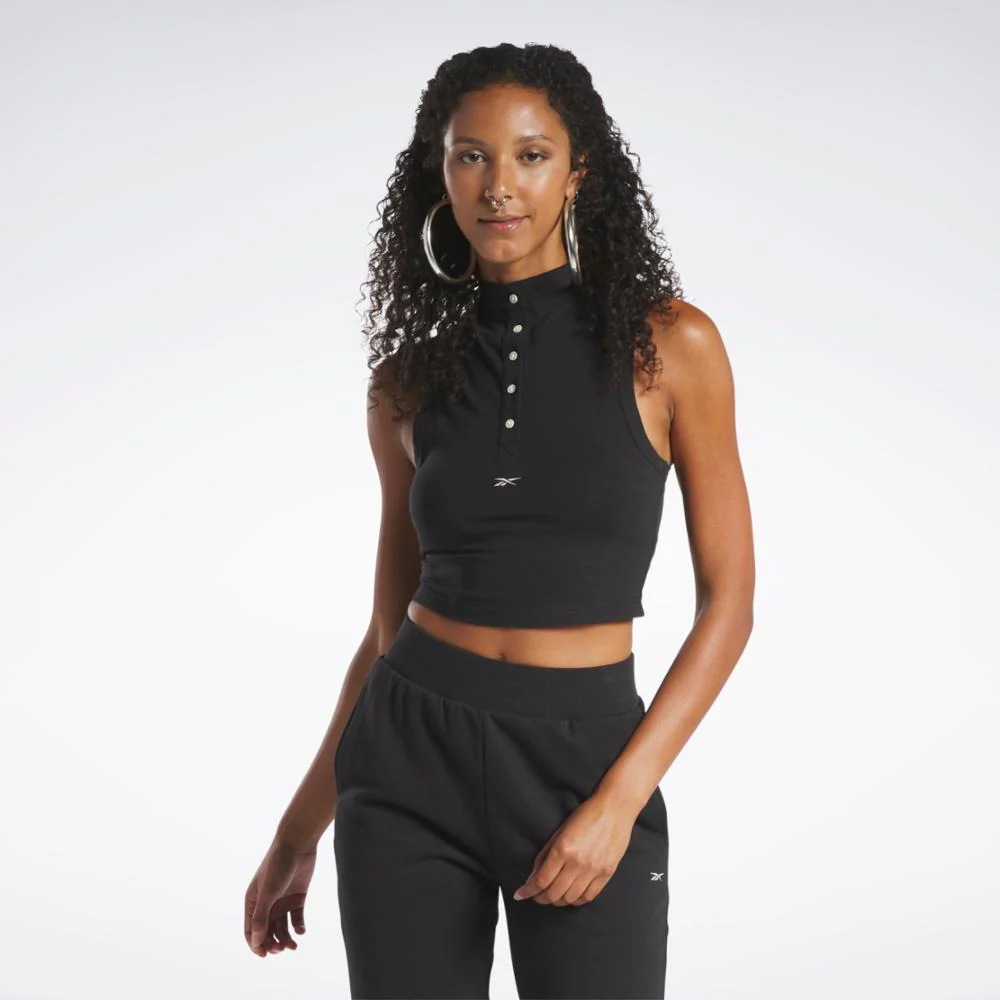 Reebok Apparel Women Reebok Classics Cropped Fitted Jersey Tank Top BLACK